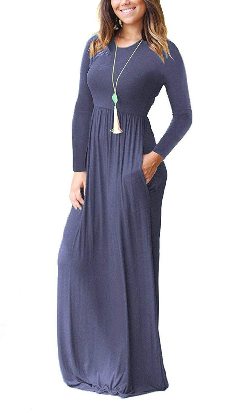 AUSELILY Women's Long Sleeve Dress Loose Plain Long Casual Maxi Dresses with Pockets 2026 New Purple Gray S - Image 1